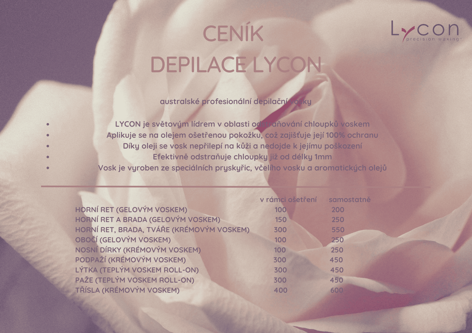 Ceník depilace Lycon | kosmetikavolna.cz